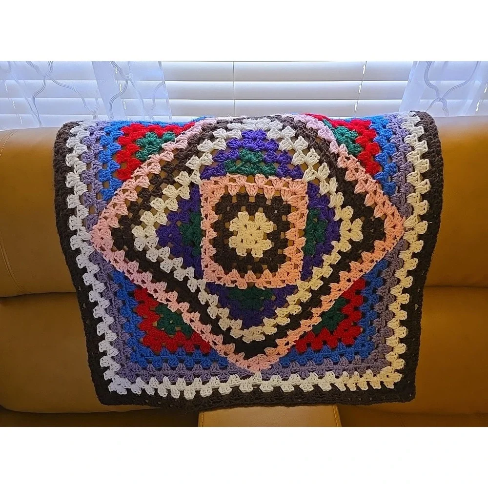 Vtg Handmade Granny‎ Square Crochet Afghan Blanket 30x29 Boho Multi-Color Retro
